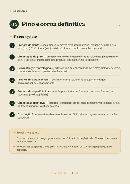 Página sobre pino e coroa definitiva, com passo a passo